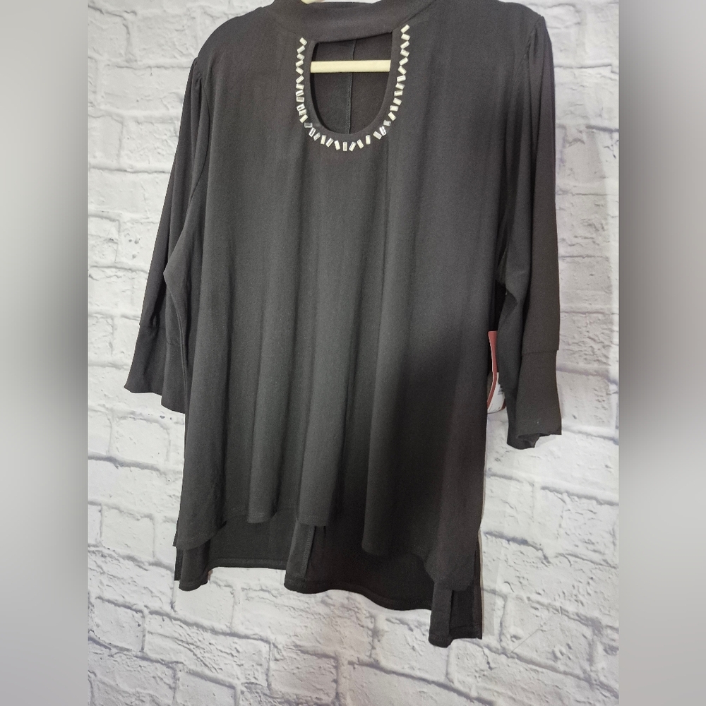 Chic Black Women's Blouse with Jeweled Neckline